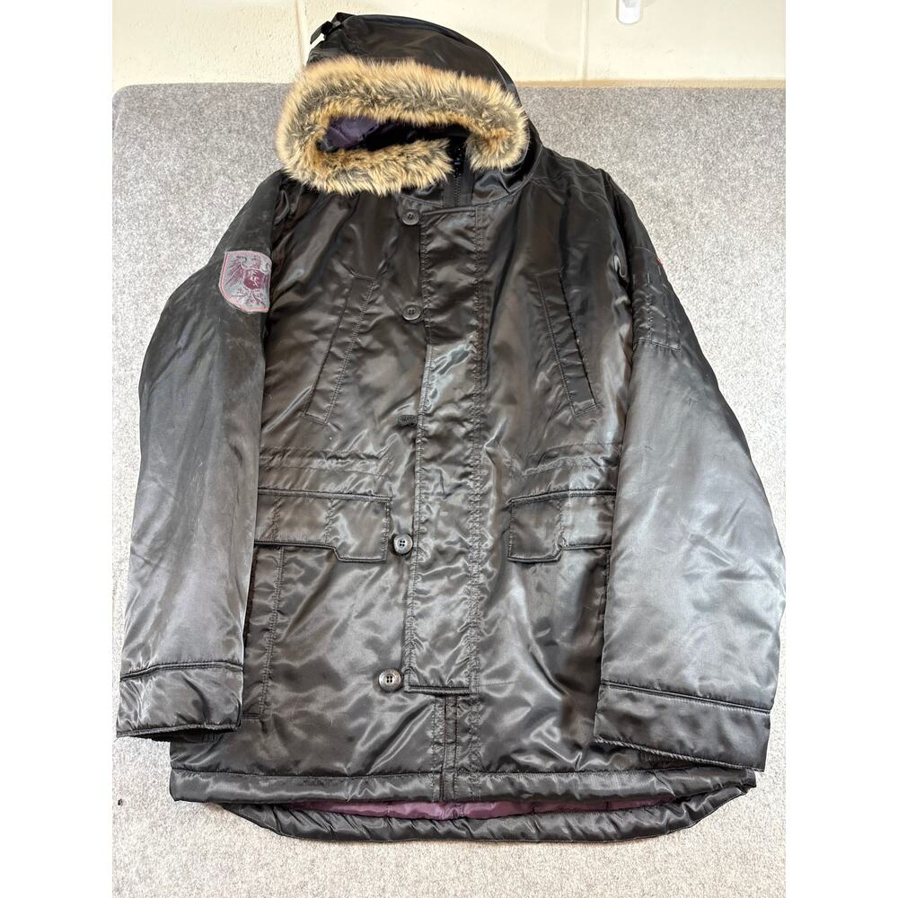 Fox Racing Jacket Men Large Black Lined Faux Fur Trim Hoodie Grunge Skater Motor